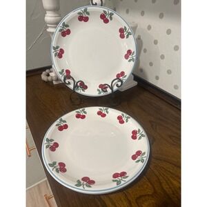 Cherry Dinner Plates Set of 3 Red Blue Rim Stoneware Farmhouse mainstay 10"